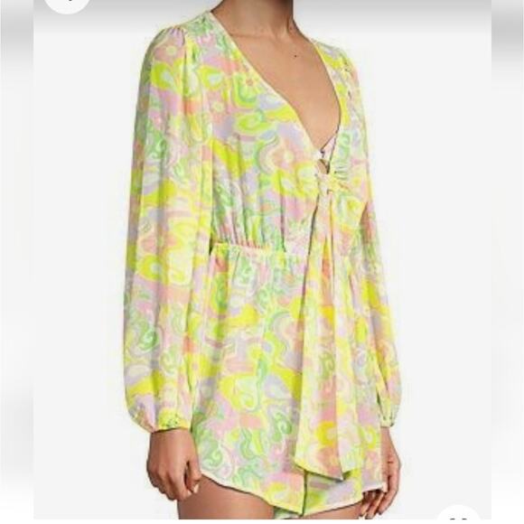 Beach Riot Yellow Pink Romper Cover Up Medium Tie Front V Neck - Picture 6 of 12
